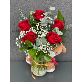 PAŞABAHÇE VAZODA 5'LI KIRMIZI GÜL VE AYICIK